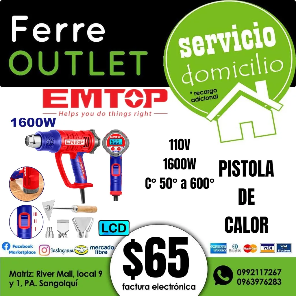 Pistola de calor con panel LED Emtop